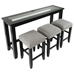 three stools and a table with a bench underneath it, all in black wood