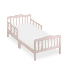 a toddler's bed with white sheets and wooden slatted frame, on a white background