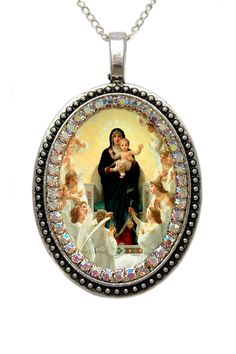 Necklace of Our Lady Queen of Angels I created this unique and meaningful necklace design in honor of Our Lady Queen of Angels. Express your faith and devotion with this handmade piece it's a very powerful piece and a true gift for yourself or someone special. Created With: Beautiful 57x37mm pendant with an image of Our Lady Queen of Angels adorned with white rhinestones Materials: Rhinestones; Tibetan Silver Visit my new Website: www.mariasantissimashop.com oooooo oo Free World-Wide Shipping wi Spiritual Jewelry For Mother's Day, Nickel Free Spiritual Jewelry And Charms For Gifts, Spiritual Round Pendant For Gift, Symbolic Miraculous Medal Jewelry As Gift, Spiritual Pendant Necklace As Gift For Mom, Spiritual Necklace Gift For Mom, Spiritual Necklace For Mother's Day Blessing, Spiritual Jewelry With Miraculous Medal As Gift, Mary Queen Of Angels