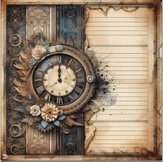 an old fashioned clock with flowers on it's face next to a piece of lined paper