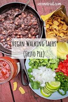 a plate full of food with the words vegan walking tacos frito pie