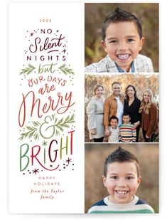 This holiday card features hand lettering and multiple spots for photos Silent Night Christmas Card, Bohemian Christmas, Pink Holiday, Merry Happy, Funny Christmas Cards, Holiday Postcards, Christmas Postcard, Christmas Photo, Silent Night