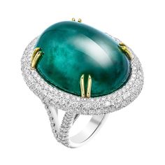 GIA Certified 50.6ct Oval Emerald Cabochon Diamond Cocktail Ring GIA#6173253976 Exceptional GIA certified Green Emerald with diamond accents set and mounted in 18k White gold. The stone is a real gem, rare to find in this color , the deep green color of emerald is unique and timeless. It measures 26.27-20.67x13.91 mm- delivers a huge look, totaling 50.60ct. The oval cabochon cut is gorgeous and truly a royal stone - emerald is bright and stands out from far away. It is natural with some inclusio Cocktail Ring Designs, Ring Sketch, Emerald Cabochon, Natural Emerald Rings, Pink Diamonds, Diamond Cocktail Ring, Emerald Diamond Ring, Diamond Cocktail Rings, Gold Engraving