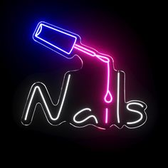 a neon sign that says nails with a nail lamp on the top of it in front of a black background