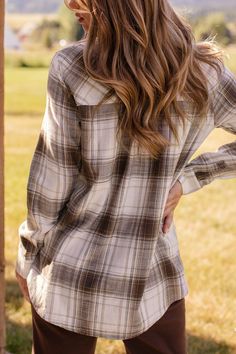 Shop Priceless | Beth | Taupe | Plaid | Shirt Chocolate Pants, Plaid Pattern, Plaid Shirt, Women's Plaid Shirt, Light Fabric, Plaid, Pants, Women's Top, Fabric