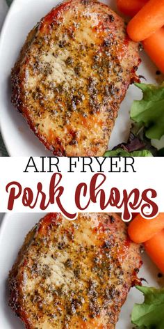 air fryer pork chops on a plate with carrots