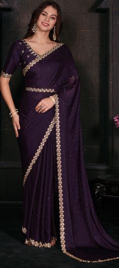 Purple and Violet color Saree in Georgette fabric with Zircon work Luxury Purple Saree For Puja, Luxury Unstitched Purple Saree, Luxury Purple Saree For Reception, Luxury Purple Saree Dress, Luxury Purple Evening Saree, Affordable Purple Bollywood Saree, Cheap Purple Saree With Zari Work, Cheap Purple Saree With Pallu Detail, Violet Saree