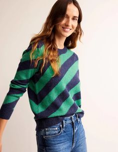 Fluffy Diagonal Stripe Sweater - Navy and Green Stripe | Boden US Stripe Jumper, Tunic Leggings, Boden Uk, Diagonal Stripes, Cardigan Top, Navy And Green, Green Stripes, Pink Sweater, Knitwear Women