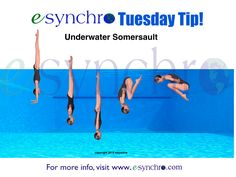 three people diving into a swimming pool with the caption's underneath somesault for more info visit www synco com