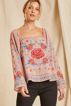 ROSES I WANT ROSES, I LOVE MAUVE !! YOU CAN ROCK THIS!!! SPRING IS AROUND THE CORNER, DRESS THE PART!!! THIS IS EXACTLY WHAT YOU ARE LOOKING FOR!!! #womensclothing #fashionista #bohogirl #flowerpower #hippievibetribe #party #hippiegirl #womenbusines #mauvelovers Bohemian Blouses, Ultra Feminine, Boho Girl, Square Neck Top, Boho Shirts, Basic Outfits, Balloon Sleeves, Embroidered Blouse, Embroidered Top