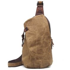 a brown leather backpack sitting on top of a white floor