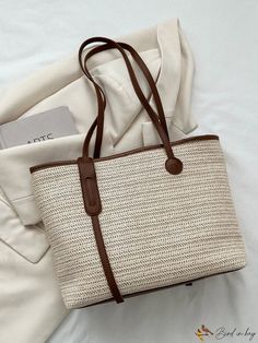 BirdinBag - Letter Print Straw Tote: Spacious, Stylish Vacation Bag with Ample Storage Casual White Shoulder Bag For Shopping, Large Capacity White Crochet Bag For Shopping, Casual Cream Rectangular Satchel, White Casual Hobo Tote Bag, White Casual Satchel Hobo Bag, Casual White Hobo Tote Bag, Casual White Satchel Backpack, White Large Capacity Satchel Beach Bag, Casual Cream Straw Bag With Removable Pouch