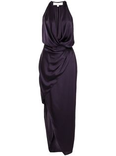 aubergine purple silk halterneck plunging V-neck wrap design sleeveless draped design asymmetric design concealed rear zip fastening Dark Purple Gown, Aubergine Dress, Ballet Attire, Eggplant Dress, 90s Office, Ethereal Romantic, Dark Purple Dresses, Purple Silk Dress, Purple Drapes