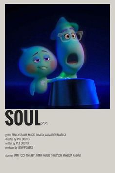 the movie poster for soul features two animated characters, one in blue and one in green