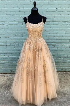 champagne tulle lace long prom dress, champagne evening dress Champange Dresses, Prom 2k22, Tulle Dress Long, Champagne Evening Dress, Princess Prom Dresses, Prom Dresses Long Lace, Dress Champagne, Senior Prom Dresses