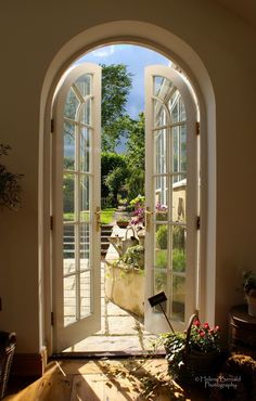 an open door leading into a garden with potted plants