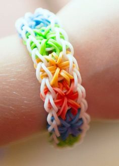 a close up of a person's hand wearing a bracelet with multicolored beads