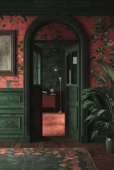 an open door leading into a green room with red walls and floral wallpaper on the walls