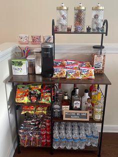 Snack cart, bar cart, coffee cart rolled into one Mini Snack Bar Ideas Small Spaces, Snack Station Ideas Kitchens, Snack Area In Salon, Apartment Snack Storage, Snack Area Office, College Food Organization, Necessary Kitchen Items, Clean House Aesthetic Modern, Party Dorm Room Ideas