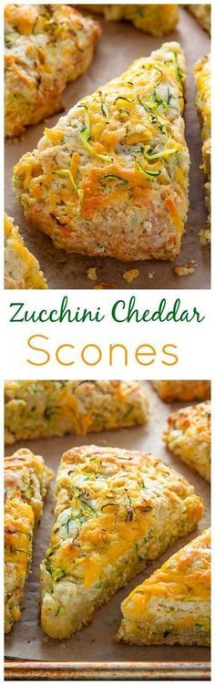 zucchini cheddar scones on a baking sheet with the title above it