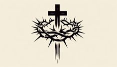 a black and white image of a crown of thorns with a cross