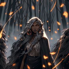 a woman with long gray hair standing in the woods surrounded by leaves and fireballs