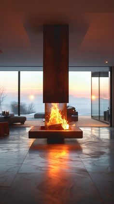 a fire place sitting inside of a living room next to a large glass wall window