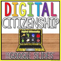 a computer screen with the words digital citizenship on it and an image of a laptop