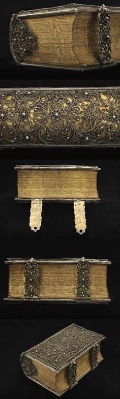 four different types of gold and silver items on black background, including an open book