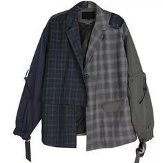 Such a fun and stylish Blazer! Draw string arms One button closure Hi Low on right side multiple plaid design for an eye catching cool look Model wearing a medium but fits a small Large only available in Dark blue please take note of the difference in color and details Harajuku Clothes, Light Grey Fabric, Stylish Blazer, Model Drawing, Long Sleeves Coats, Plaid Design, Plaid Jacket, Summer Cotton, Outerwear Coats