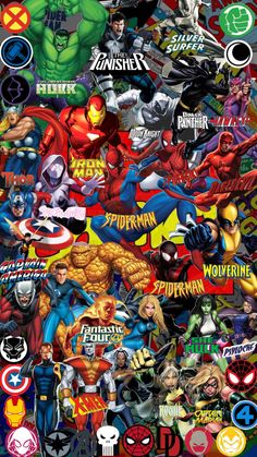 an image of many different superheros and villaines in the same group, all with their names on them