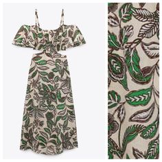 Nwt. Zara Ecru Green Linen Blend Leaf Botanical Printed Cut Out Midi Dress With Short Sleeves, Back Zipper Closure. Size Xs. Ref. 7608/260. Pit To Pit 17" Flat, Sleeves 7", Waist 13,5", Length 55". 1074. Cream Floral Print Midi Dress For Summer, Beige Floral Print Midi Dress For Beach, Beige Floral Print Midi Dress For Vacation, Bohemian Leaf Print Vacation Dress, Bohemian Leaf Print Dresses For Vacation, Elegant Tropical Print Midi Dress, Zara Beige Sundress Maxi Dress, Beige Printed Summer Dress, Chic Green Tropical Print Midi Dress