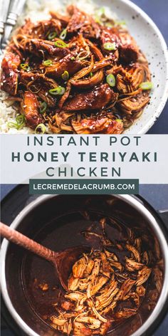 instant pot honey teriyaki chicken in a white bowl with text overlay that reads instant pot honey teriyaki chicken