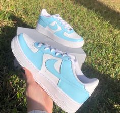 These shoes are hand painted with high quality paints and sealed in with a special top coat that prevents the paint from chipping and cracking. 100% authentic and they come in their original box. Black Air Force 1, Custom Nike Air Force, Blue High Tops, Nike Air Force 1s, Air Force 1s, Nike High Tops, Blue Air, Custom Nike Shoes, Air Force 1 Custom