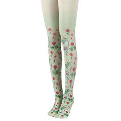 Mint green tights with a vibrant floral print, ideal for a cottagecore aesthetic outfit Material: Nylon Free Size Y2k Socks, Flower Tights, Socks Y2k, Fun Tights, Stockings Aesthetic, Aesthetic Socks, Butterfly Clothes, Moon Clothing, Berry Shortcake