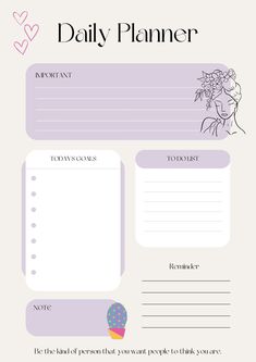 a daily planner with an ice cream cone and flowers on the page, in pastel purple