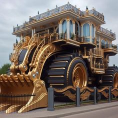 a large gold and black vehicle is on display in front of a fenced area