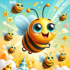 a cartoon bee flying through the air surrounded by bees