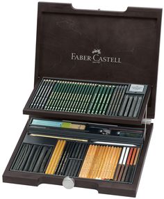 the faber castel box contains many different colored pencils