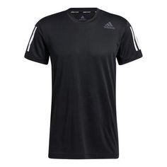 a black adidas shirt with white stripes on the sleeves and chest, in front of a