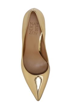 A pointy-toe pump with a flexible sole and comfy cushioning is styled with a curving topline that dips along the sides to show extra bits of skin. 3 1/4" heel Contour+ comfort technology Padded footbed Arch support Leather upper/synthetic lining and sole Imported Women's Shoes Gold Heels With Removable Insole And Pointed Toe, Gold Pointed Toe Kitten Heels With Sculpted Heel, Gold Pointed Toe Court Shoes With Deep Heel Cup, Gold Almond Toe Court Shoes With Branded Heel, Gold Almond Toe Heels With Sculpted Heel, Gold Pointed Toe Heels Medium Width, Gold Court Shoes With Branded Heel Counter For Spring, Gold Medium Width Pointed Toe Heels, Spring Gold Court Shoes With Sculpted Heel