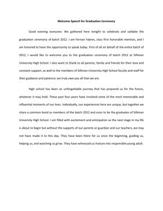 a white paper with the words welcome speech for graduation ceremony