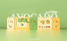 an advertisement for the banana avocado brand is shown in three different colors and shapes