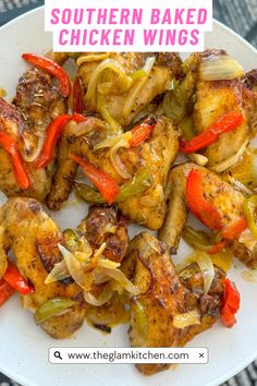 chicken wings with red peppers and onions on a white plate text reads southern baked chicken wings