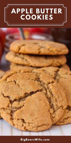 apple butter cookies stacked on top of each other with text overlay that reads, apples butter cookies