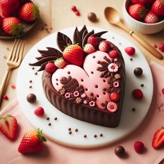 a heart shaped chocolate cake with strawberries on top