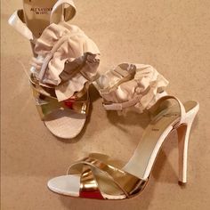 Brand New White Sandals With 4-inch Heel For Spring, Chic White Sandals With 4-inch Heel, Luxury Gold Heels With Gold-tone Hardware, Summer Gold Kitten Heels With 4-inch Heel, Luxury Gold Sandals With 4-inch Heel, Gold Sandals With 4-inch Heel Medium Width, High Heel Sandals With Gold-tone Hardware For Parties, Ankle Strap Sandals Heels, Sandal Heels