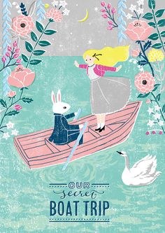 an illustration of a girl in a boat with a rabbit