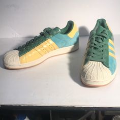 Adidas Pro-Model Low Top Sneakers, Absolutely Like New, Green Patent Leather, Turquoise Suede, & Yellow Leather, Shoes Adidas, New Green, Yellow Leather, Low Top Sneakers, Mens Shoes Sneakers, Adidas Shoes, Green Yellow, Adidas Men, Low Top