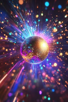 a disco ball with colorful lights in the background